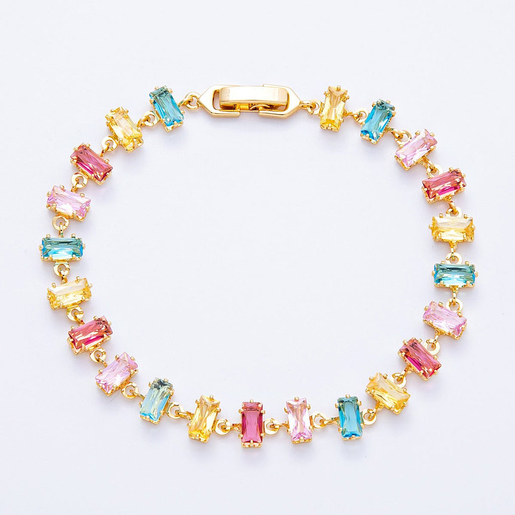 18K Gold Filled 9mm Multicolor Baguette CZ Tennis Chain 7 Inch Bracelet | WA-04218 ~ WA-04220