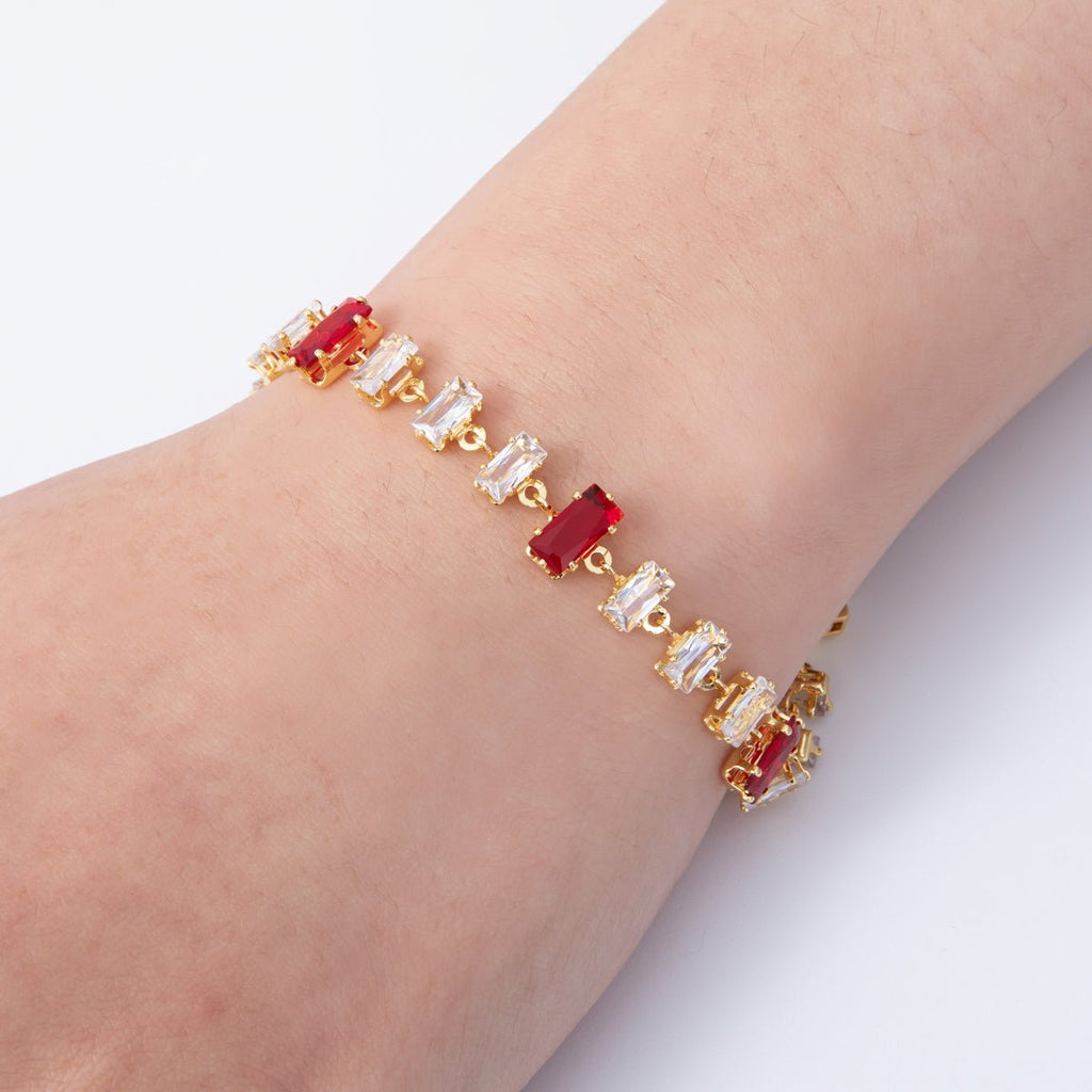 18K Gold Filled 9mm Red Clear Baguette CZ Tennis Chain 7 Inch Bracelet | WA-04221