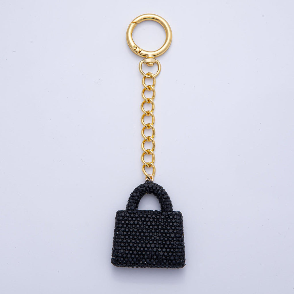 18K Gold Filled Black, Brown, White, Blue, Red, Pink Bedazzled Purse Bag Charm Keychain Push Gate Key Ring Accessories | WB-00258 ~ WB-00264