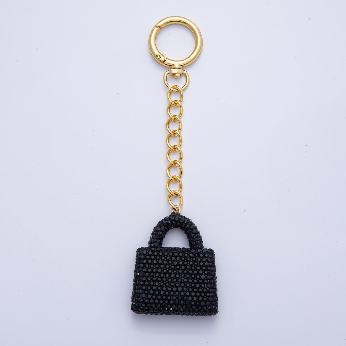 18K Gold Filled Black, Brown, White, Blue, Red, Pink Bedazzled Purse Bag Charm Keychain Push Gate Key Ring Accessories | WB-00258 ~ WB-00264