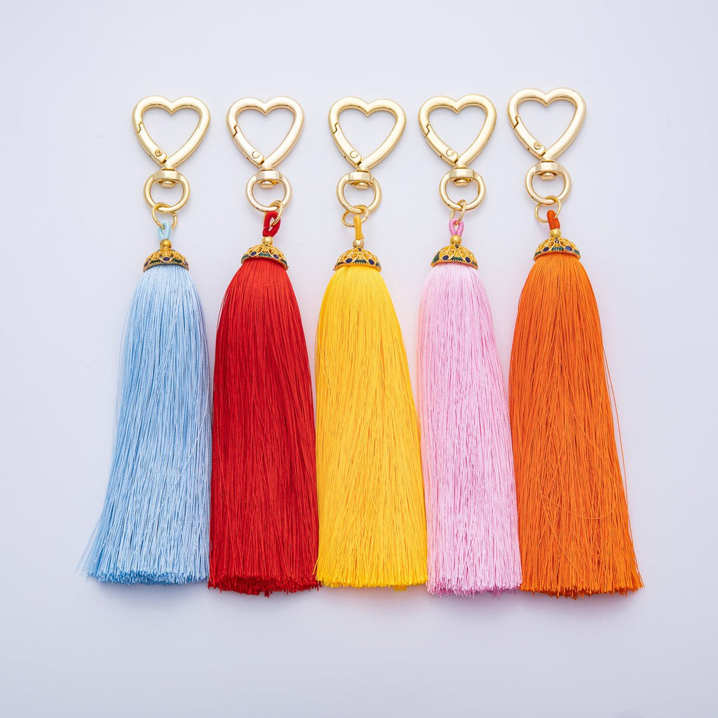 18K Gold Filled Blue, Red, Yellow, Pink, Orange Tassel Heart Push Gate Keychain Fringe Accessories | WB-00281 ~ WB-00285
