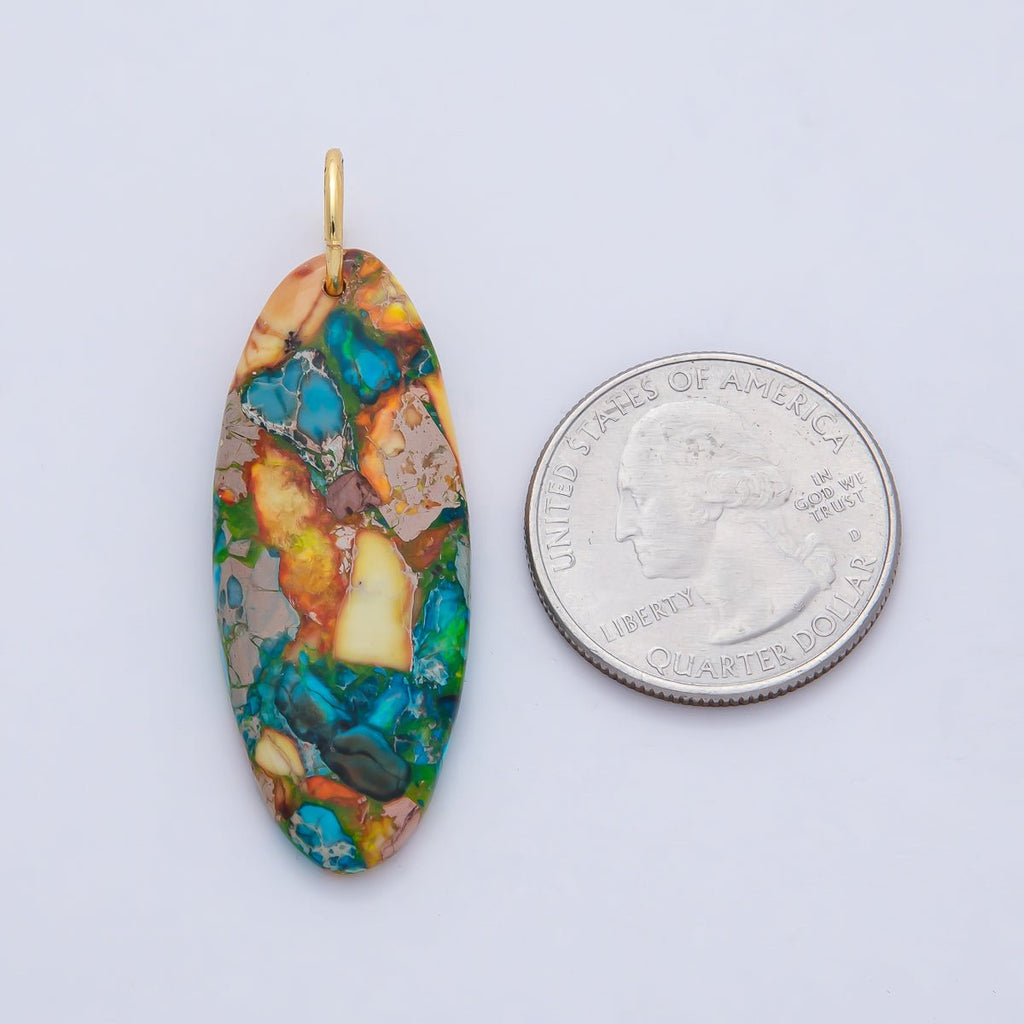 18K Gold Filled Boho Natural Oval Gemstone Pendant – Green, Brown & Multicolor Stone Charms  AF1593