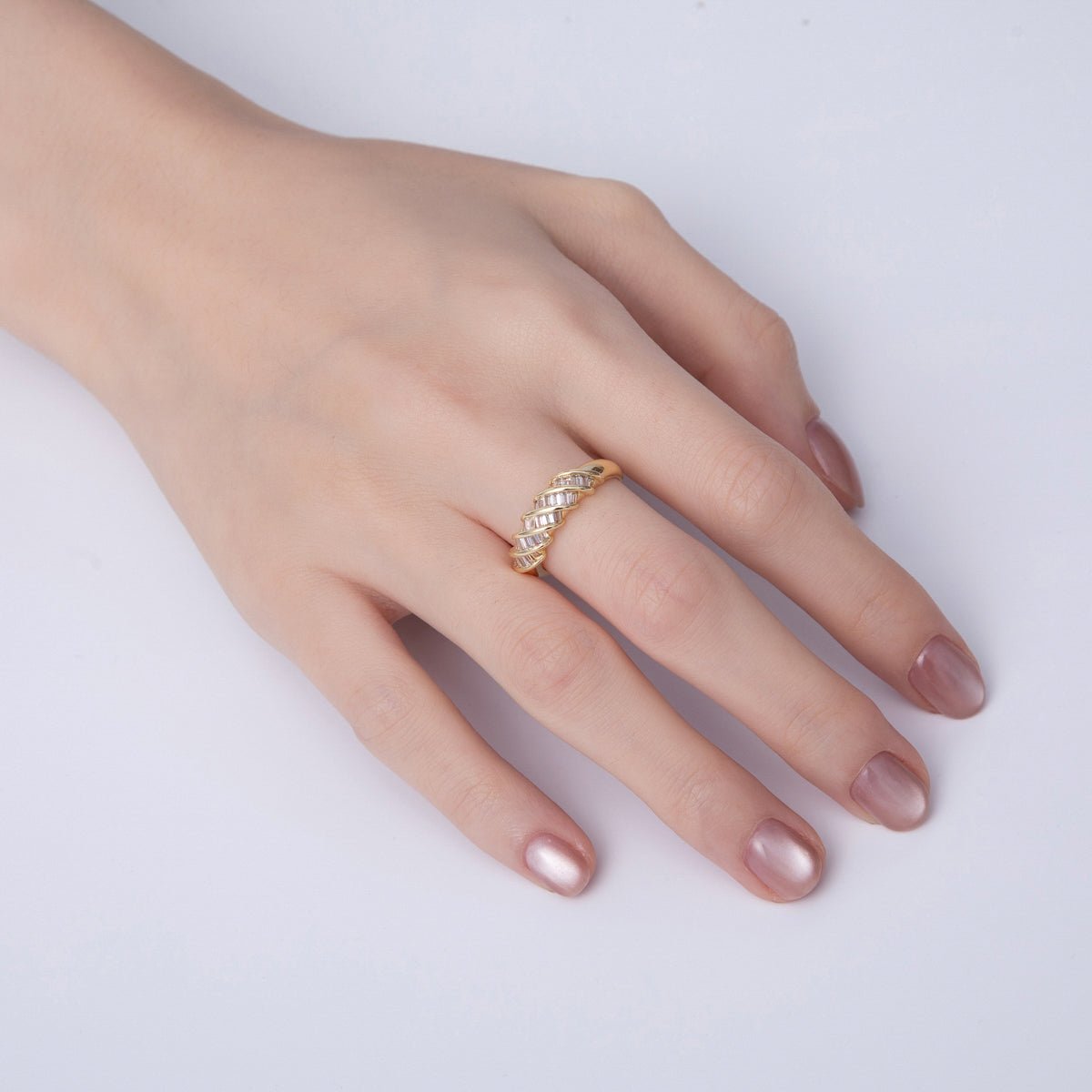 18K Gold Filled Clear Baguette CZ Croissant Adjustable Ring | O788