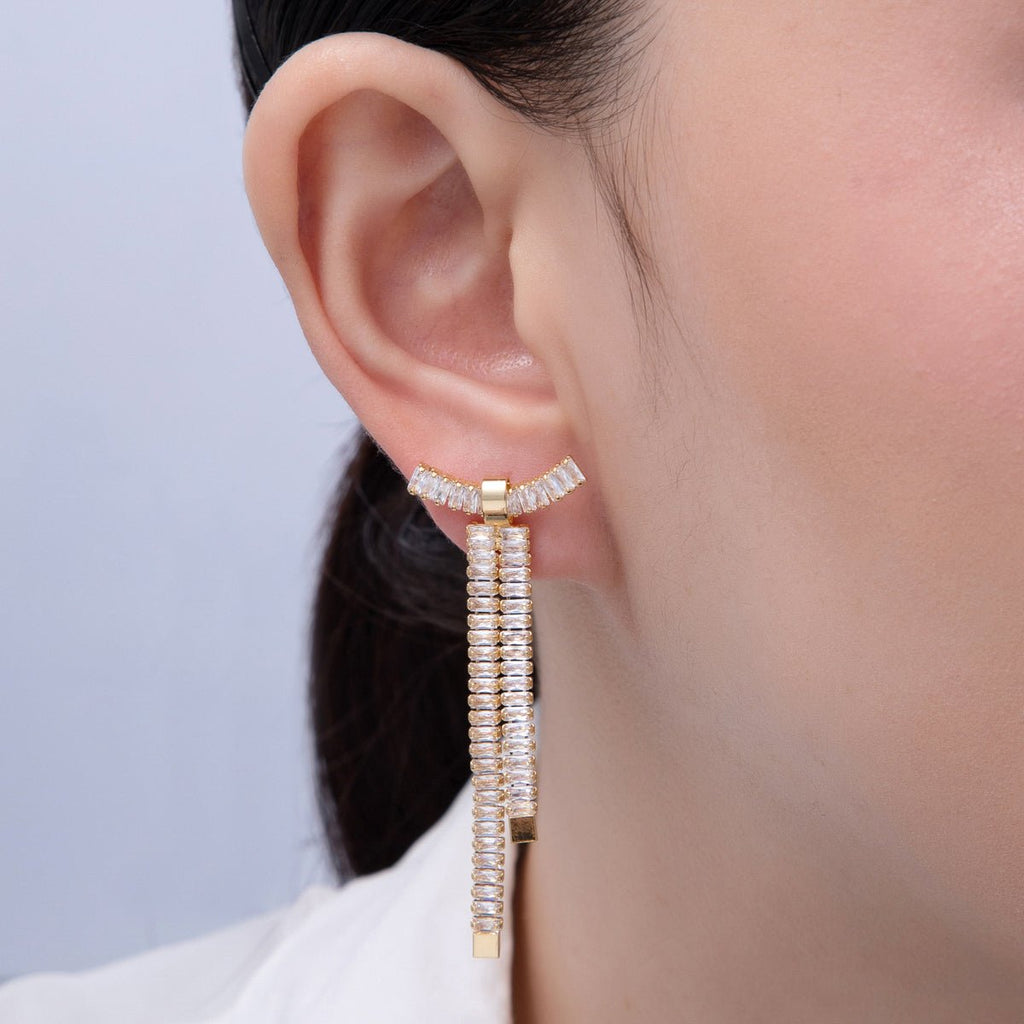 18K Gold Filled Clear Baguette CZ Ribbon Bow Stud Earrings | T065