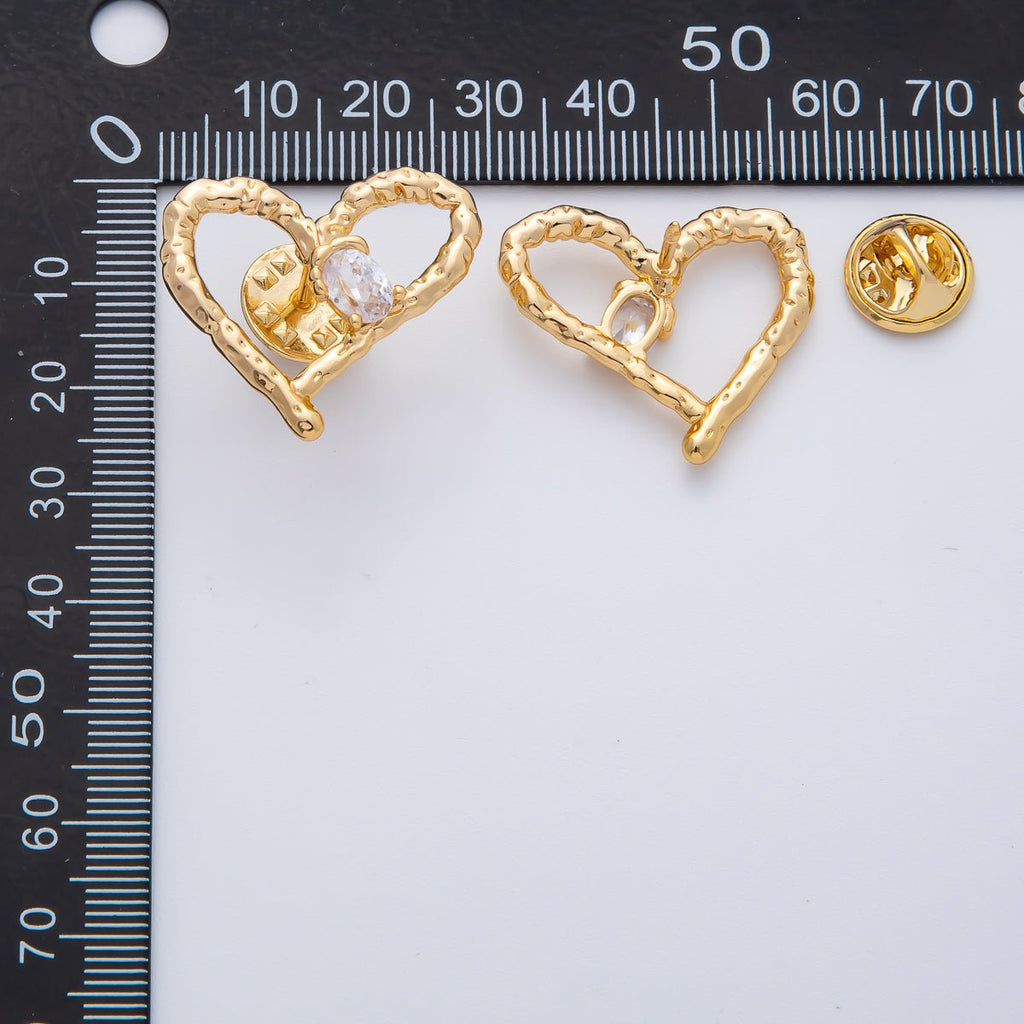 18K Gold Filled Clear CZ Open Hammered Molten Heart Pin Brooch Mini Finding | Z1475