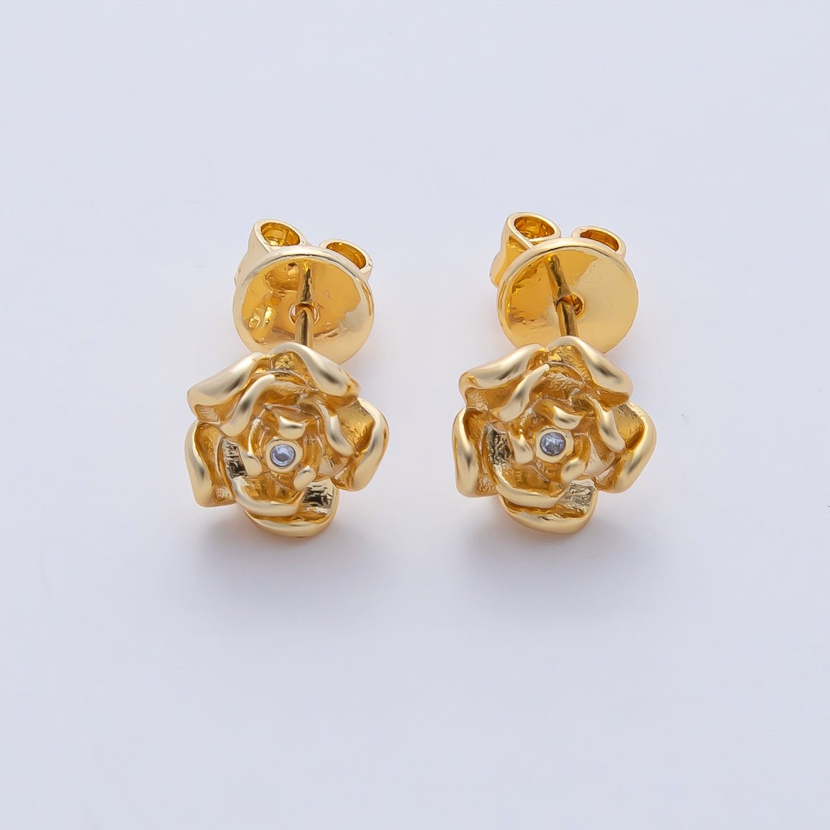 18K Gold Filled Clear CZ Rose Flower Molten Stud Earrings Findings in Gold & Silver | Z1601