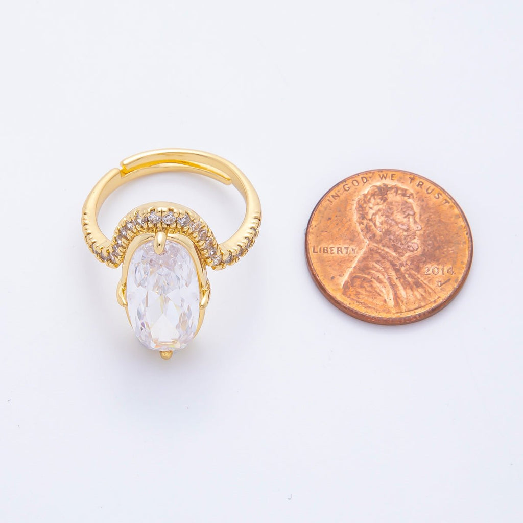 18K Gold Filled Clear Oval Micro Paved CZ Solitaire Band Adjustable Ring | O006