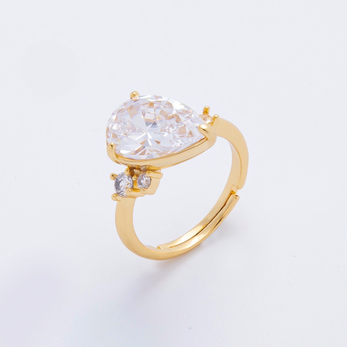 18K Gold Filled Clear, Pink Teardrop CZ Cluster Solitaire Adjustable Ring | O02187