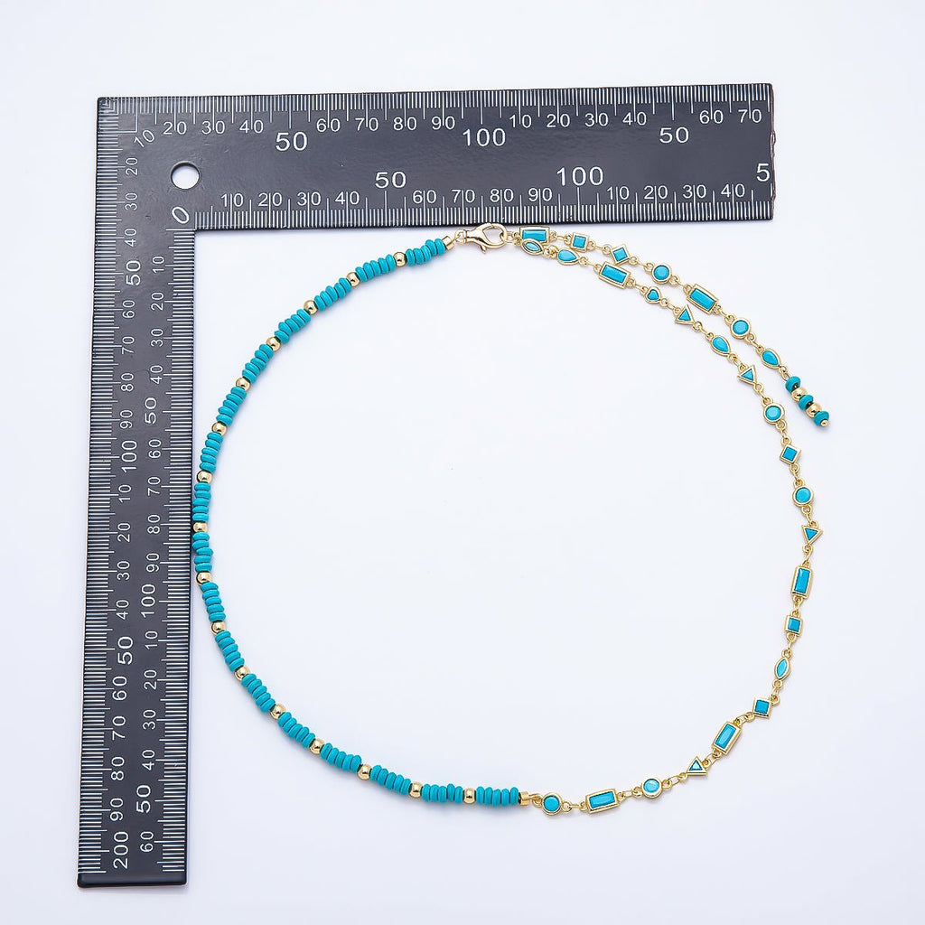 18K Gold Filled Floating Turquoise Multi Cut Rondelle Bezel Half Gemstone Lariat Chain 19 Inch Necklace | WA-01384