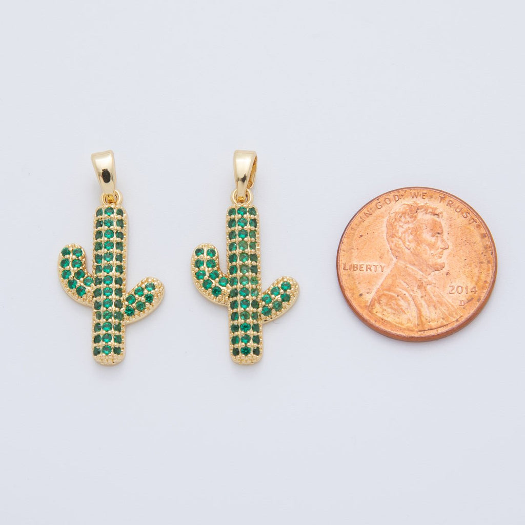 18K Gold Filled Green Micro Paved CZ Cactus Plant Pendant | AH779