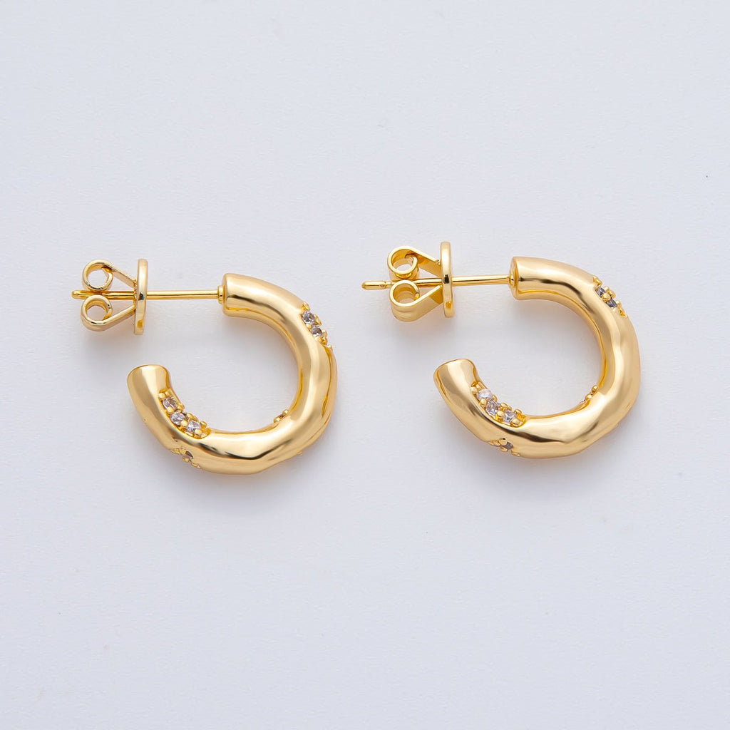 18K Gold Filled Hammered Micro Pave CZ 23mm C-Shaped Hoops Earrings | AD1602