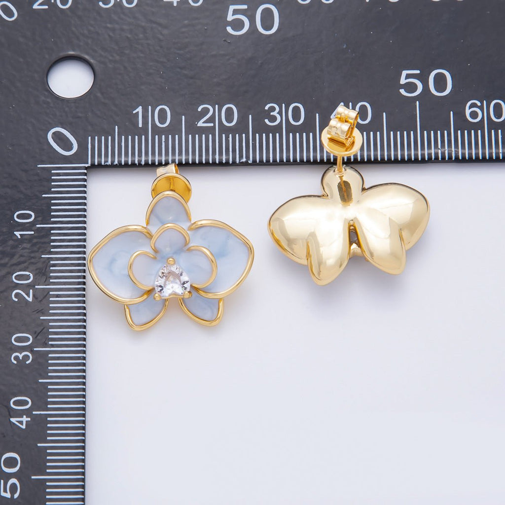 18K Gold Filled 20mm White, Blue, Pink Enamel Clear CZ Heart Flower Stud Earrings | AJ195 - AJ197
