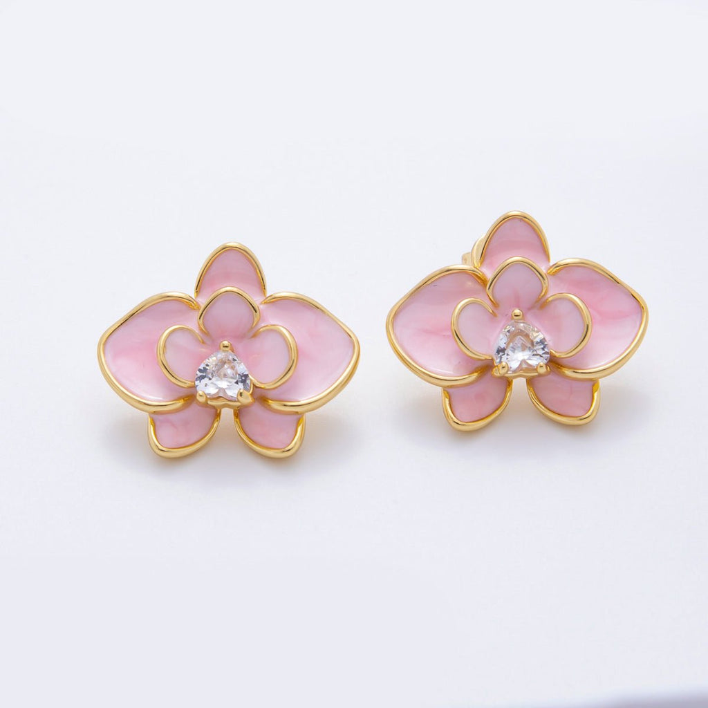 18K Gold Filled 20mm White, Blue, Pink Enamel Clear CZ Heart Flower Stud Earrings | AJ195 - AJ197