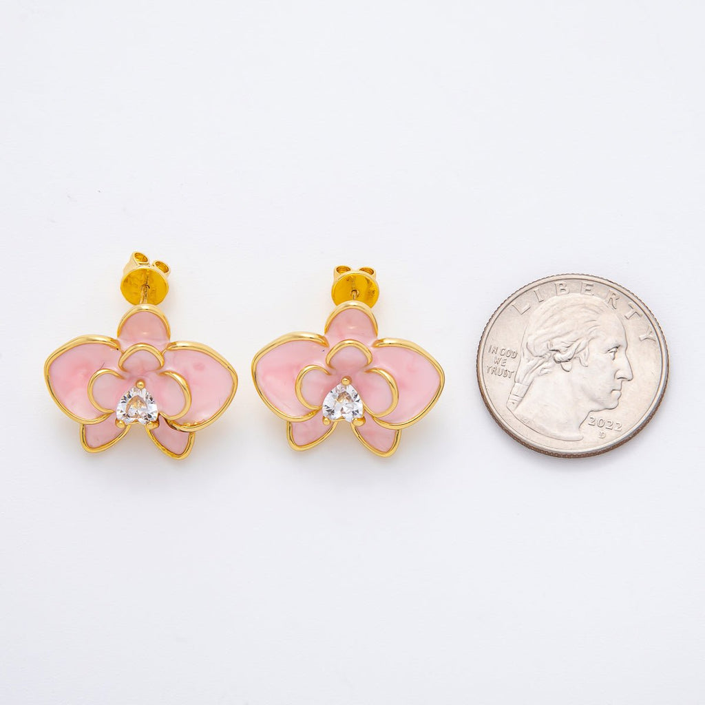 18K Gold Filled 20mm White, Blue, Pink Enamel Clear CZ Heart Flower Stud Earrings | AJ195 - AJ197