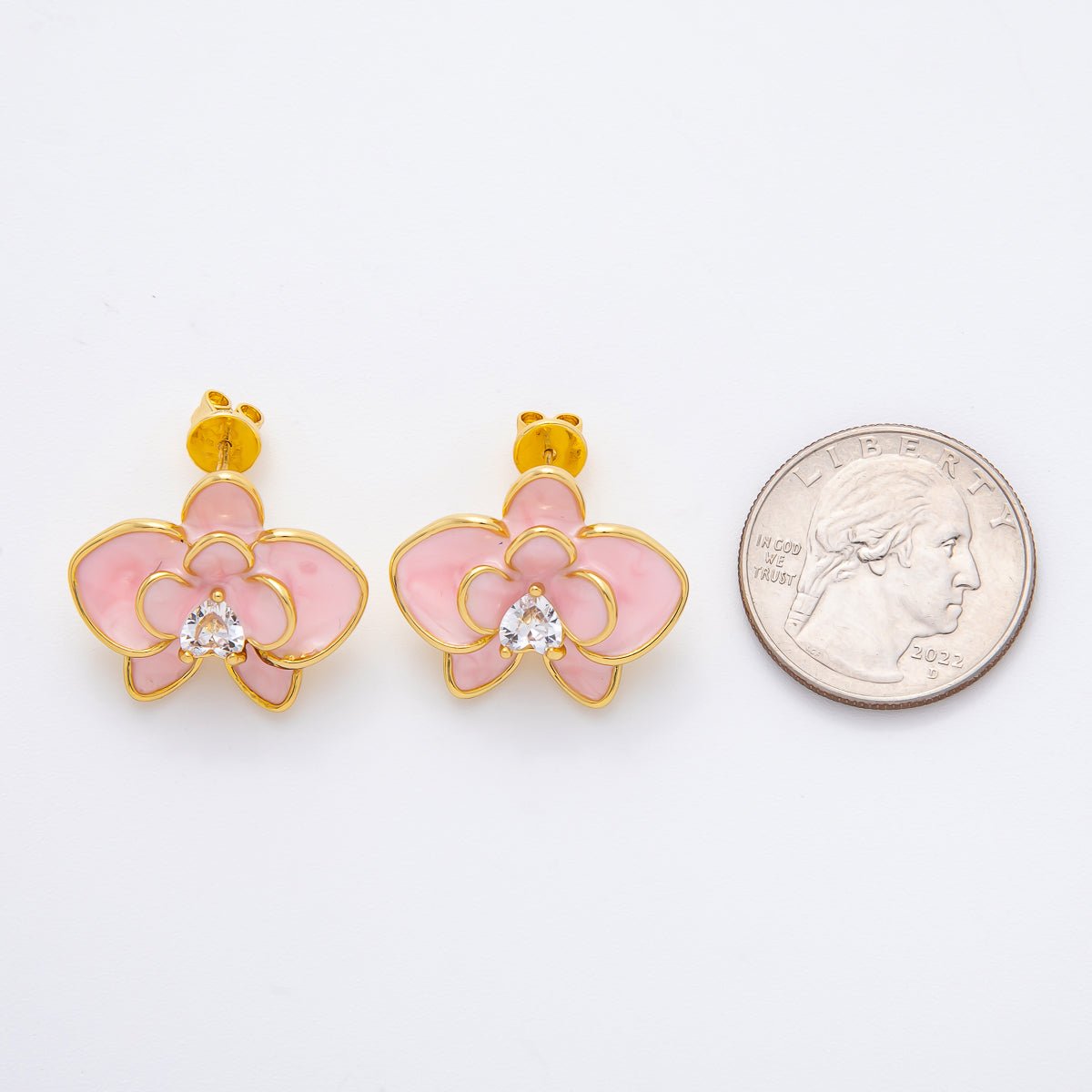 18K Gold Filled 20mm White, Blue, Pink Enamel Clear CZ Heart Flower Stud Earrings | AJ195 - AJ197