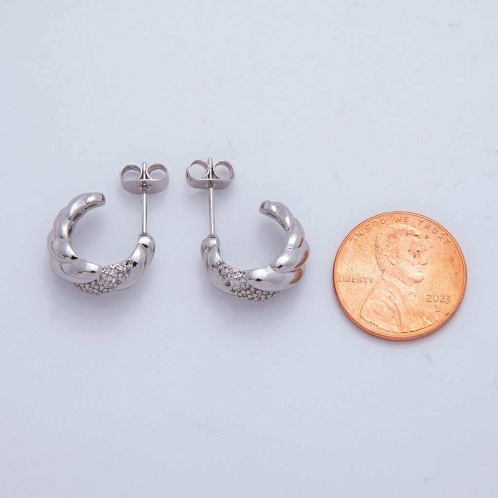 18K Gold Filled Micro Paved CZ Croissant C-Shaped Hoop Earrings in Gold and Silver | AI411 AJ152
