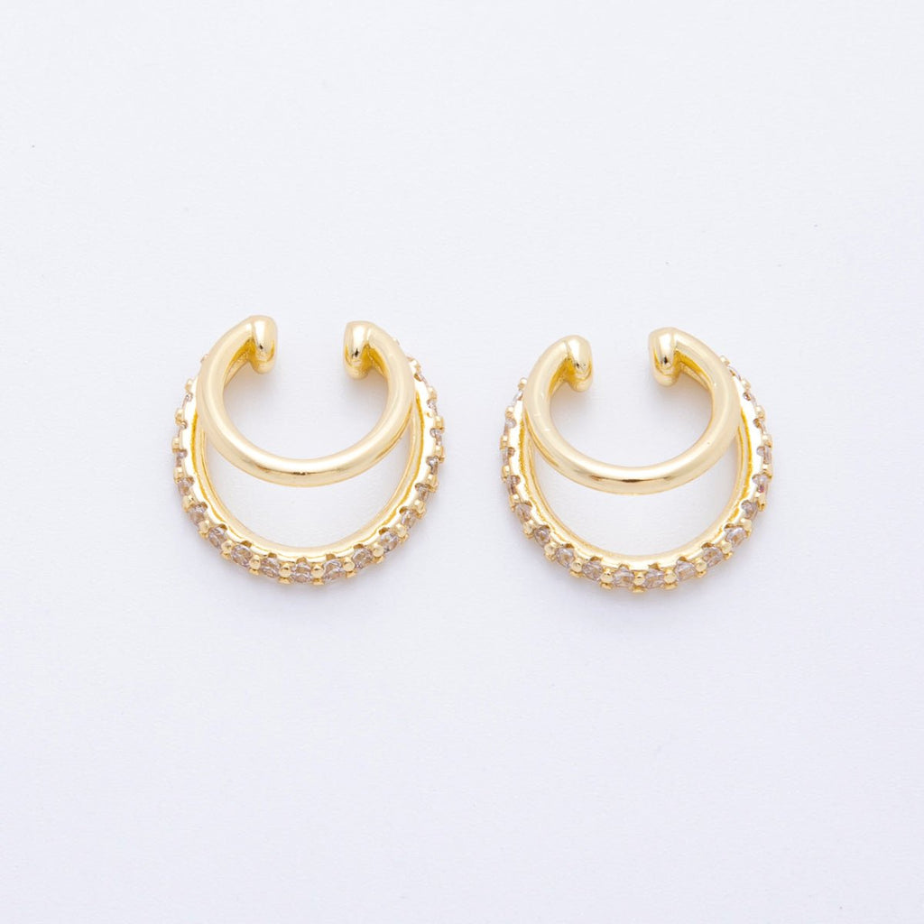 18K Gold Filled Micro Paved CZ Double Band Ear Cuff Earrings in Gold & Silver | AI-00262