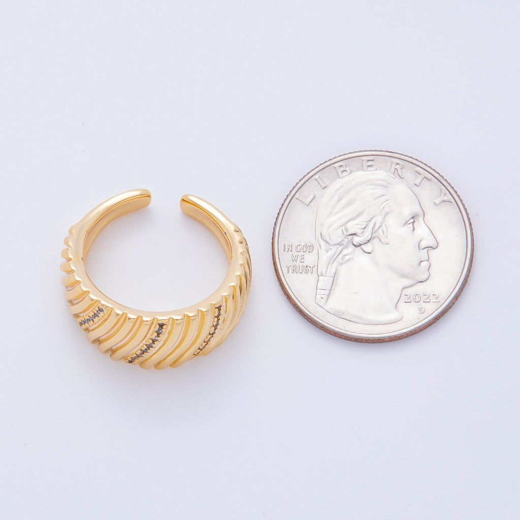 18K Gold Filled Micro Paved CZ Ribbed Line-Textured Wide Dome Ring | O485