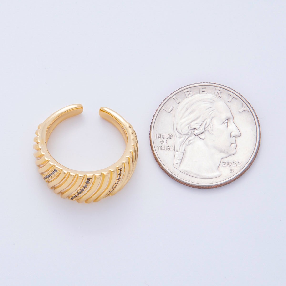18K Gold Filled Micro Paved CZ Ribbed Line-Textured Wide Dome Ring | O485