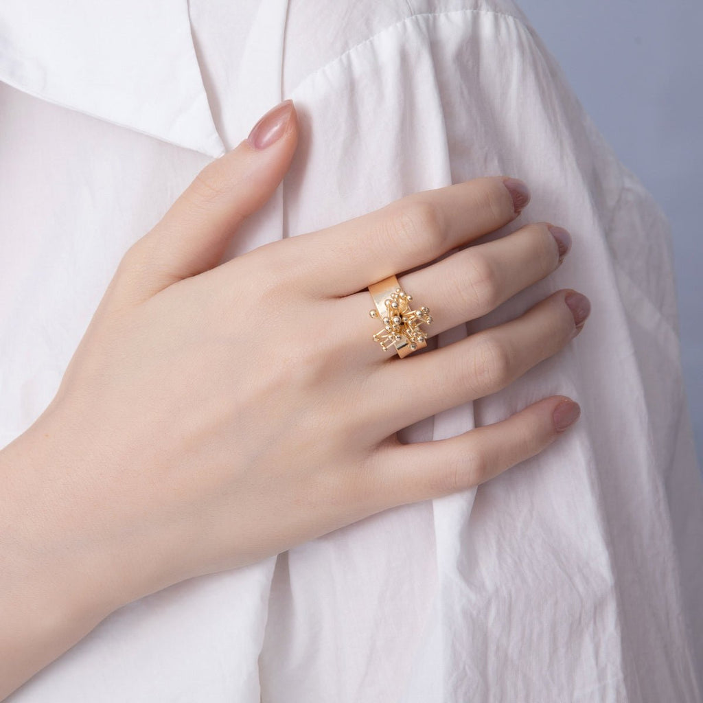 18K Gold Filled Minimalist Beaded Flower Wide Band Ring | O605