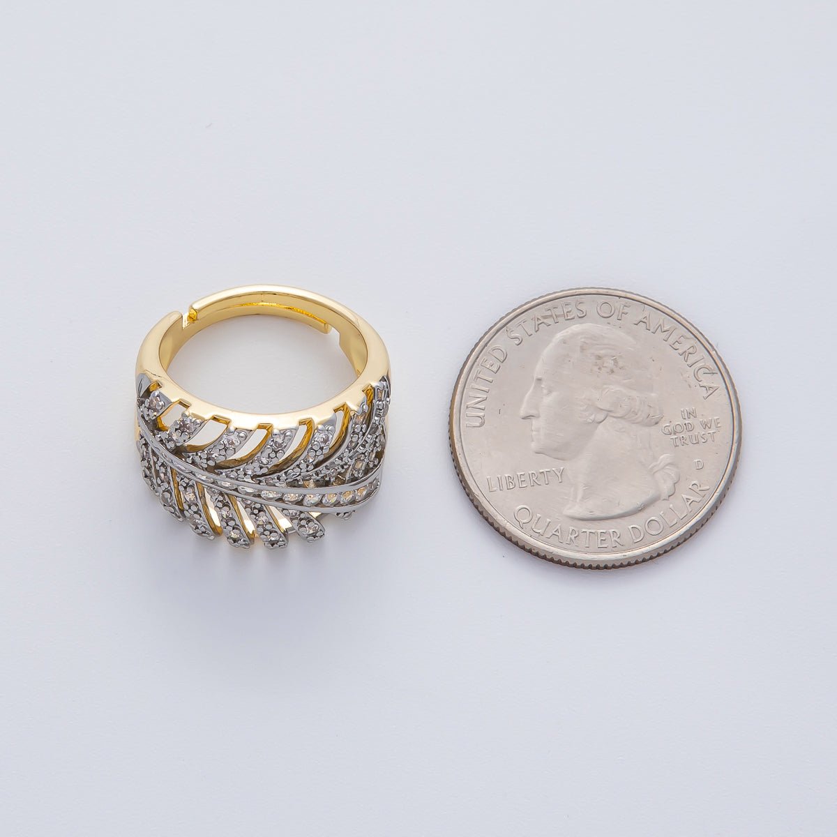 18K Gold Filled Mixed Metal Micro Paved CZ Palm Leaf Ring | O759