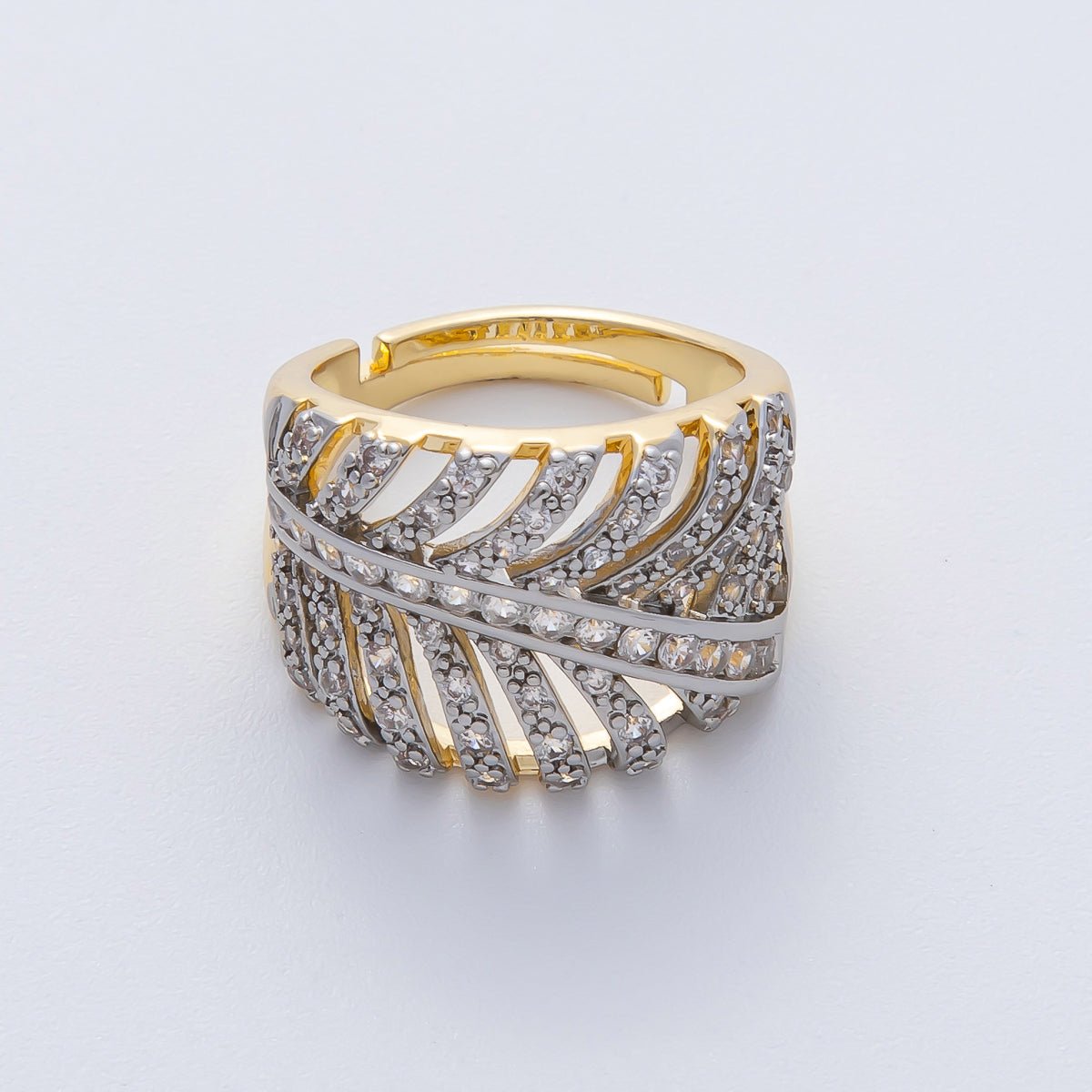 18K Gold Filled Mixed Metal Micro Paved CZ Palm Leaf Ring | O759