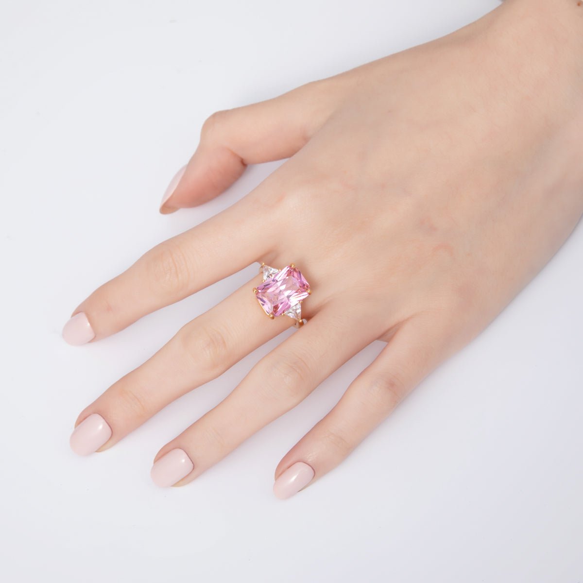 18K Gold Filled Pink, Clear CZ Baguette Triangle Solitaire Adjustable Ring | O805