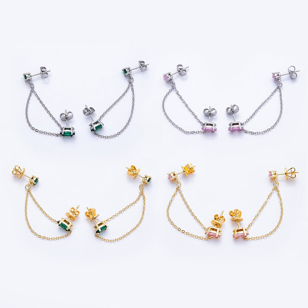 18K Gold Filled Pink, Green Round CZ Double Cable Chain Drop Studs in Gold & Silver | Earrings-00205 ~ Earrings-00208
