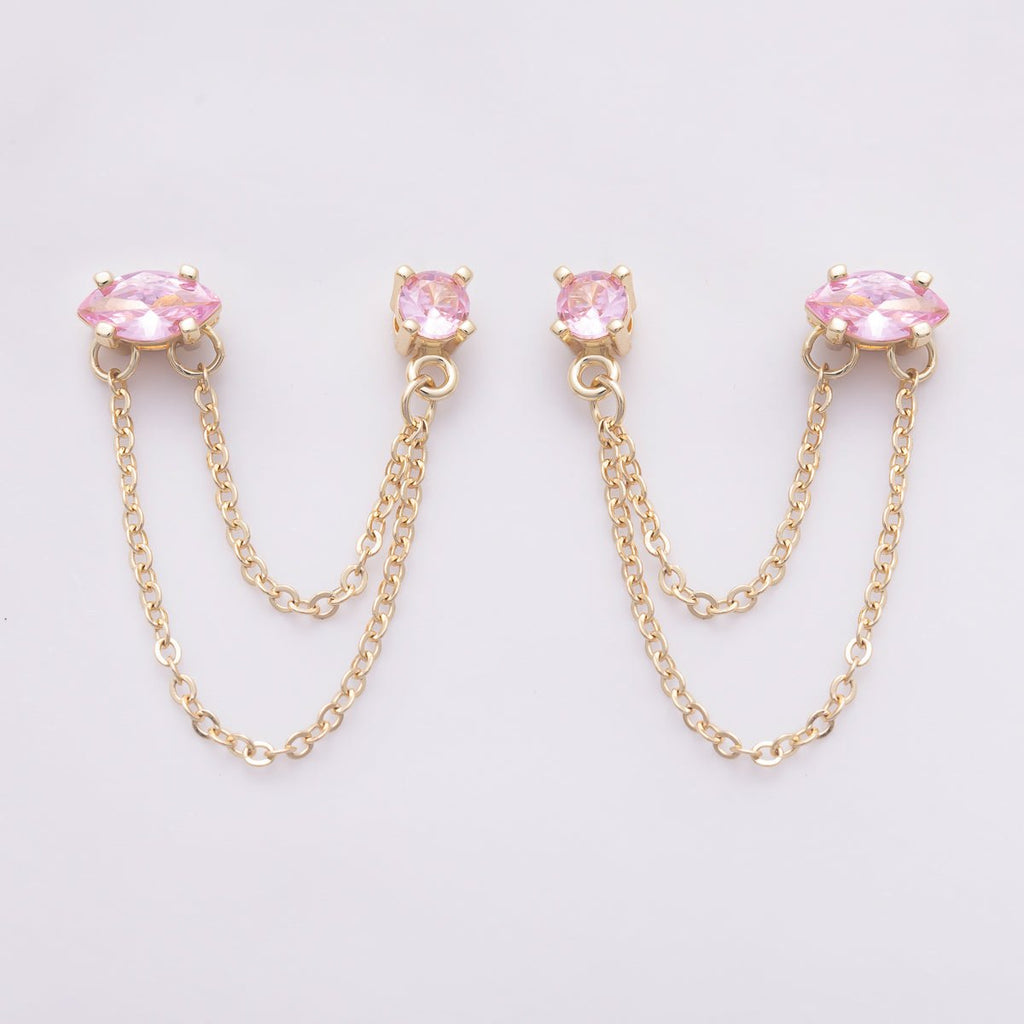 18K Gold Filled Pink, Green Round CZ Double Cable Chain Drop Studs in Gold & Silver | Earrings-00205 ~ Earrings-00208