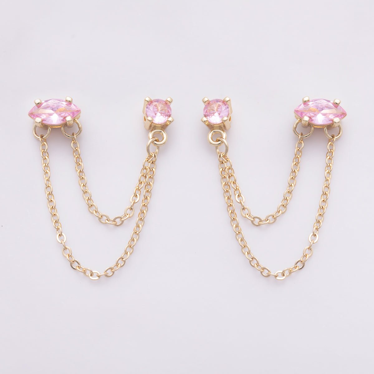 18K Gold Filled Pink, Green Round CZ Double Cable Chain Drop Studs in Gold & Silver | Earrings-00205 ~ Earrings-00208