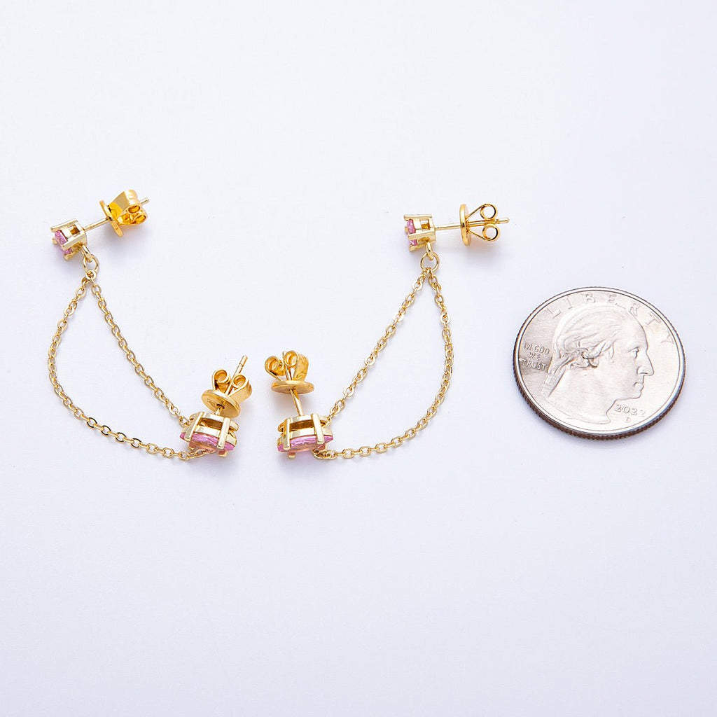 18K Gold Filled Pink, Green Round CZ Double Cable Chain Drop Studs in Gold & Silver | Earrings-00205 ~ Earrings-00208