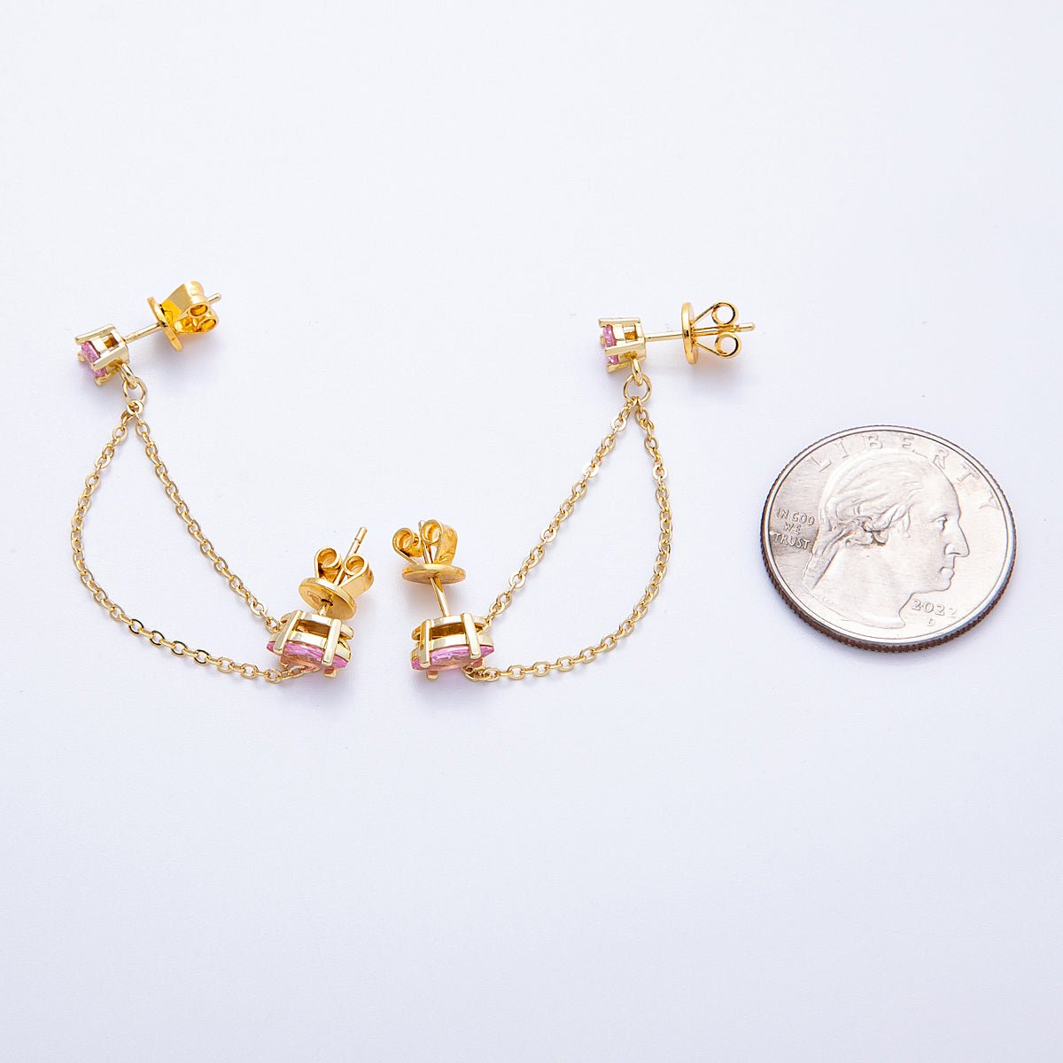 18K Gold Filled Pink, Green Round CZ Double Cable Chain Drop Studs in Gold & Silver | Earrings-00205 ~ Earrings-00208