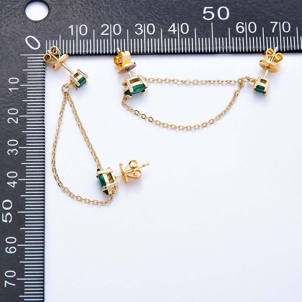18K Gold Filled Pink, Green Round CZ Double Cable Chain Drop Studs in Gold & Silver | Earrings-00205 ~ Earrings-00208