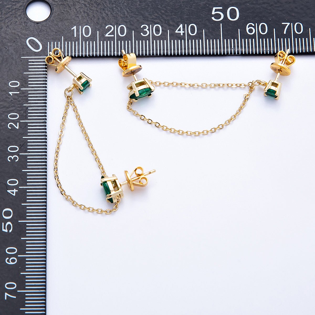 18K Gold Filled Pink, Green Round CZ Double Cable Chain Drop Studs in Gold & Silver | Earrings-00205 ~ Earrings-00208