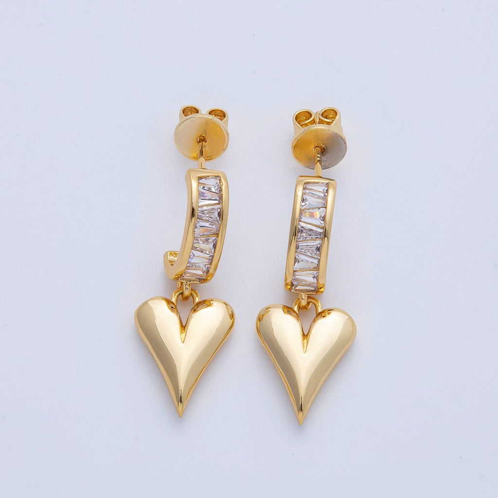 18K Gold Filled Puffy Heart Baguette CZ Drop C-Shaped Hoop Earrings | Q195