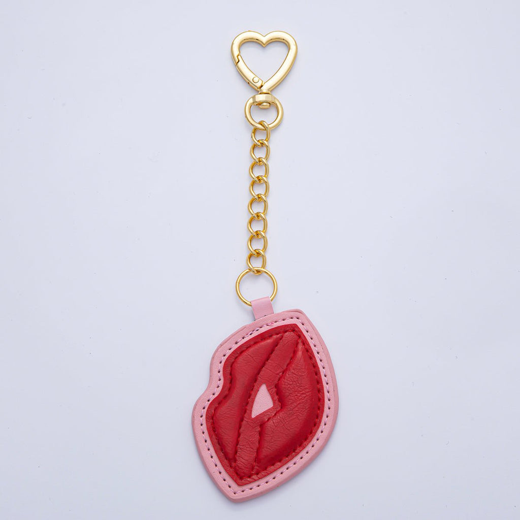 18K Gold Filled Red Lip Faux Leather Bag Charm Keychain Heart Push Gate Key Ring Accessories | WB-00235