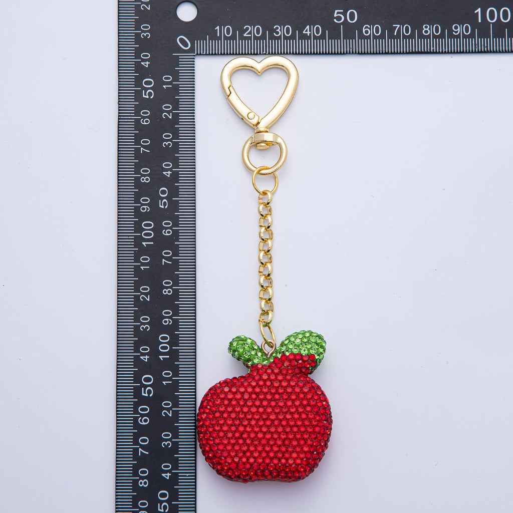 18K Gold Filled Red, Pink, Fuchsia Bedazzled Apple Bag Charm Keychain | WB-00245 ~ WB-00247