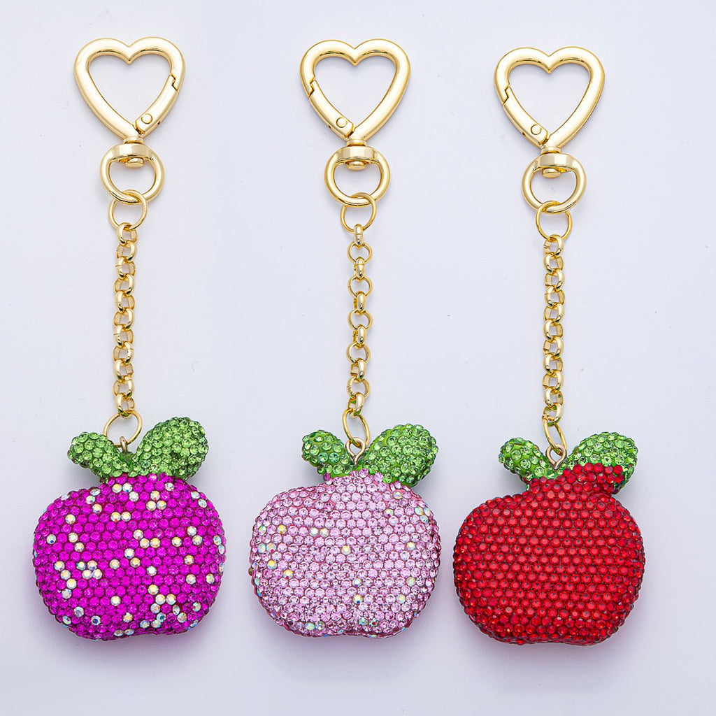 18K Gold Filled Red, Pink, Fuchsia Bedazzled Apple Bag Charm Keychain | WB-00245 ~ WB-00247