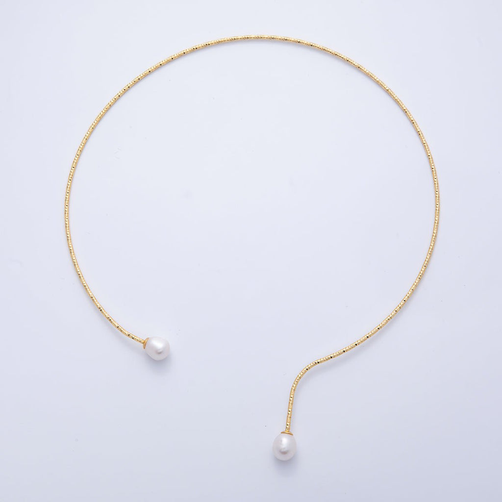 18K Gold Filled Shell Pearl Drop Geometric Edged Collar Necklace | WA-03999