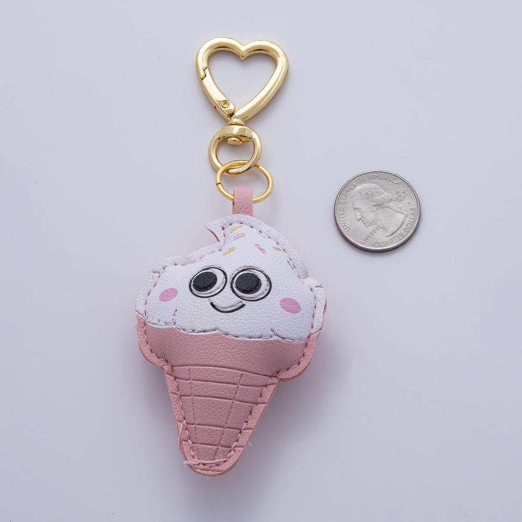 18K Gold Filled Sweet Confetti Pink Ice Cream Dessert Leather Bag Charm Keychain Heart Key Ring Accessories | WB-00230