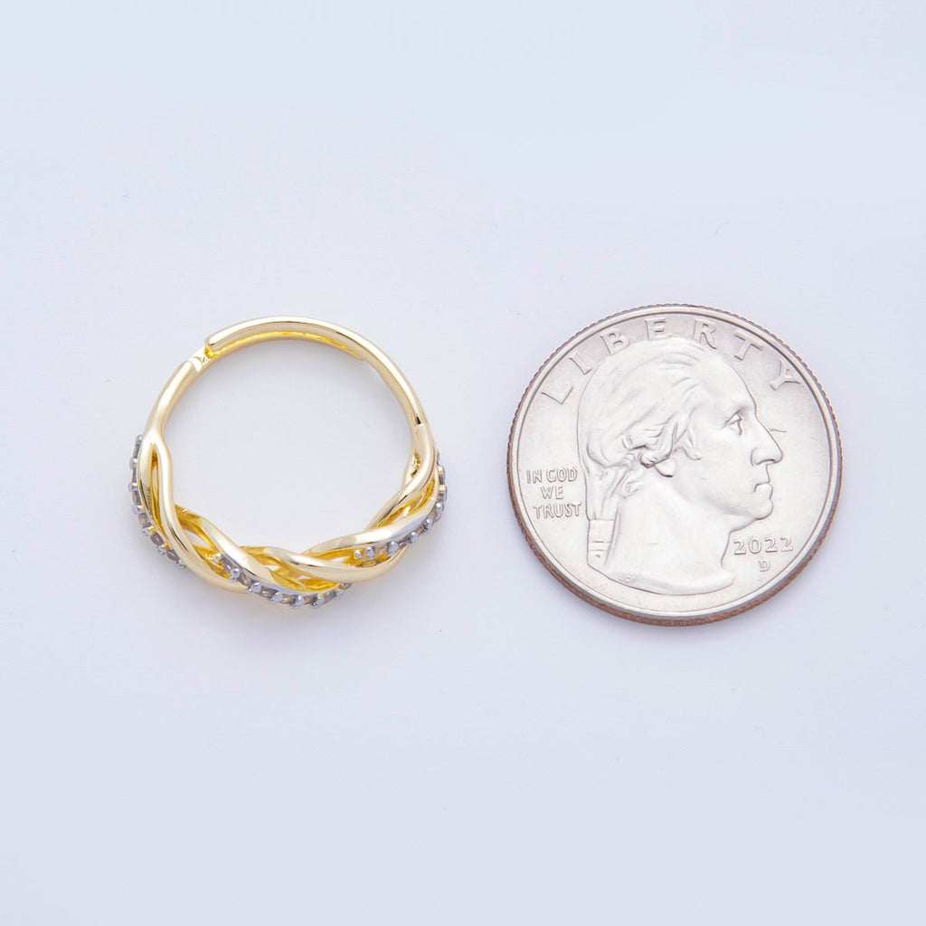 18K Gold Filled Micro Paved CZ Twisted Rope Adjustable Ring in Gold & Mixed Metal | O2006 O2114