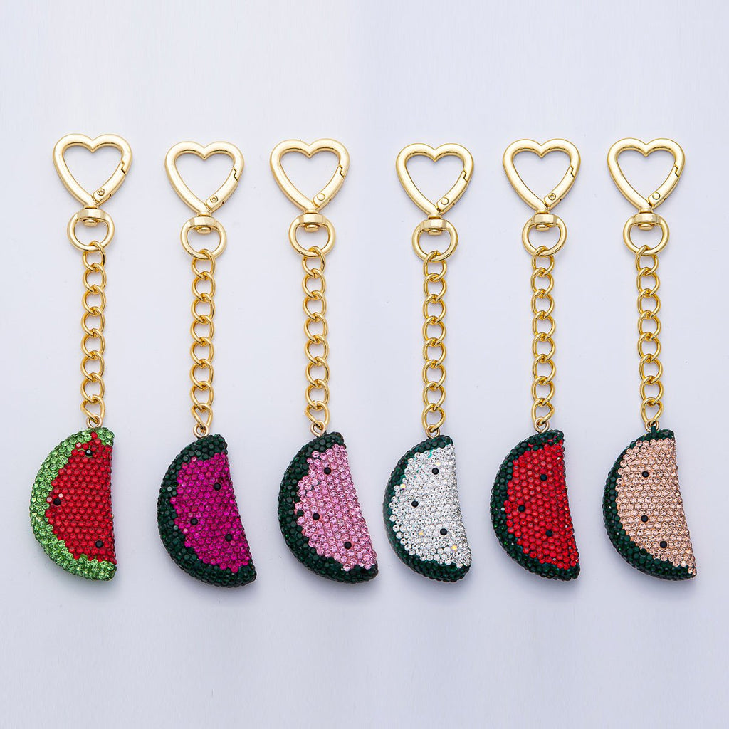 18K Gold Filled Watermelon Bedazzled Bag Charm Heart Push Gate Keychain Accessories | WB-00239