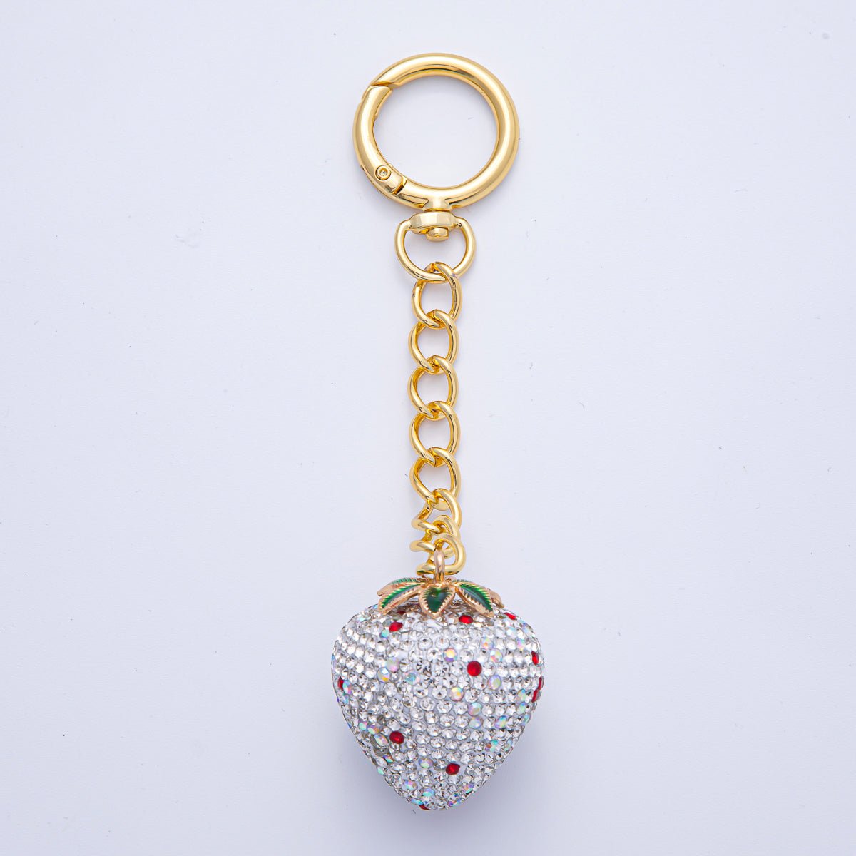 18K Gold Filled White, Pink, Red Strawberry Bedazzled Bag Charm Keychain Accessories | WB-00265 ~ WB-00267