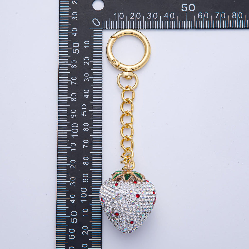 18K Gold Filled White, Pink, Red Strawberry Bedazzled Bag Charm Keychain Accessories | WB-00265 ~ WB-00267