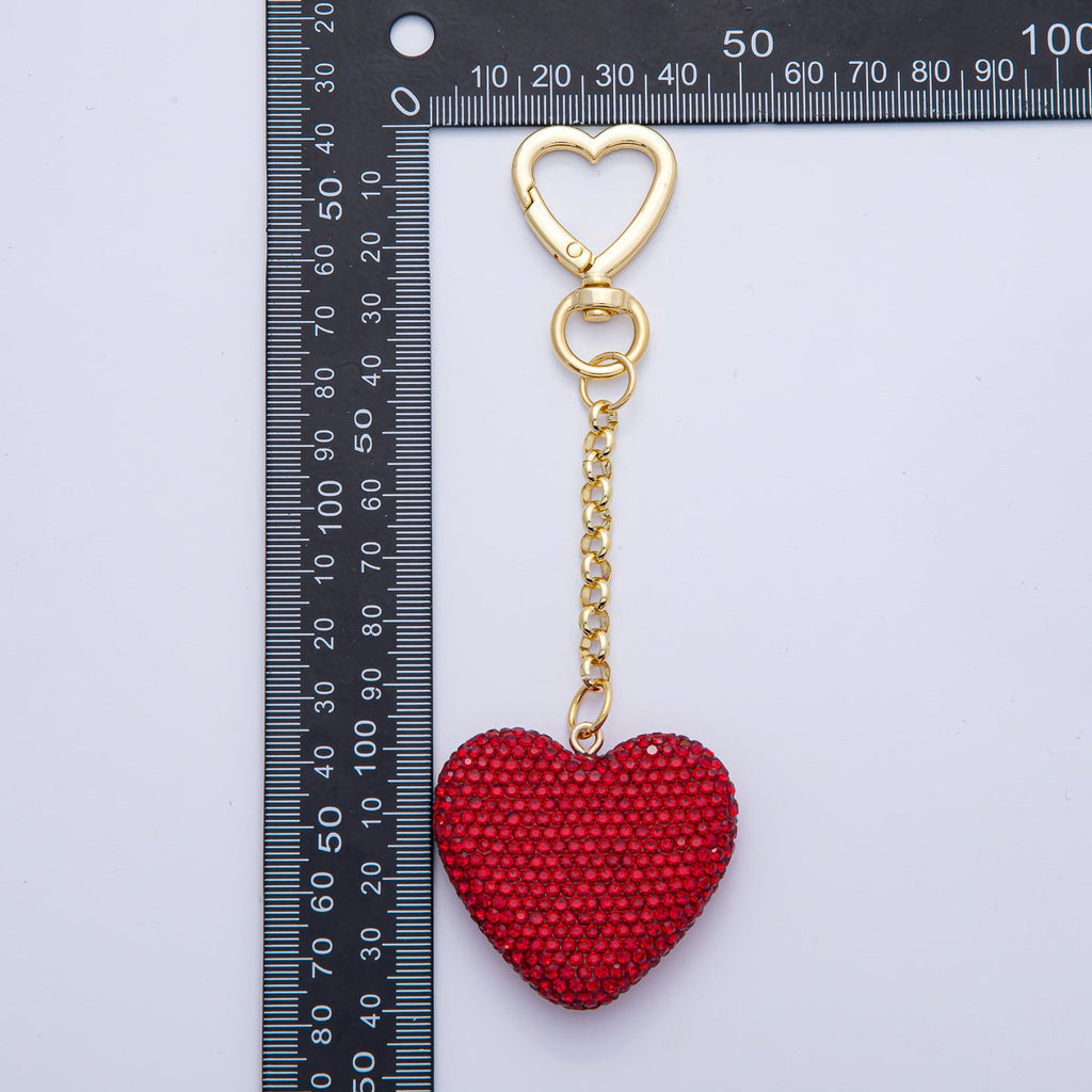 18K Gold Filled White, Red, Pink Bedazzled Heart Bag Charm Keychain Push Gate Key Ring | WB-00255 ~ WB-00257