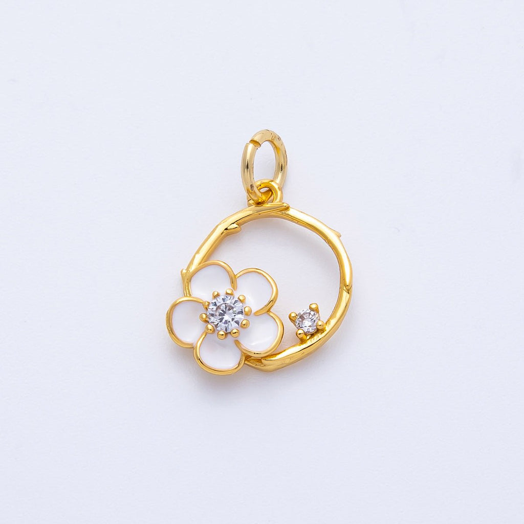 18K Gold Filled14mm CZ White Enamel Flower Open Round Charm | Charms-00410
