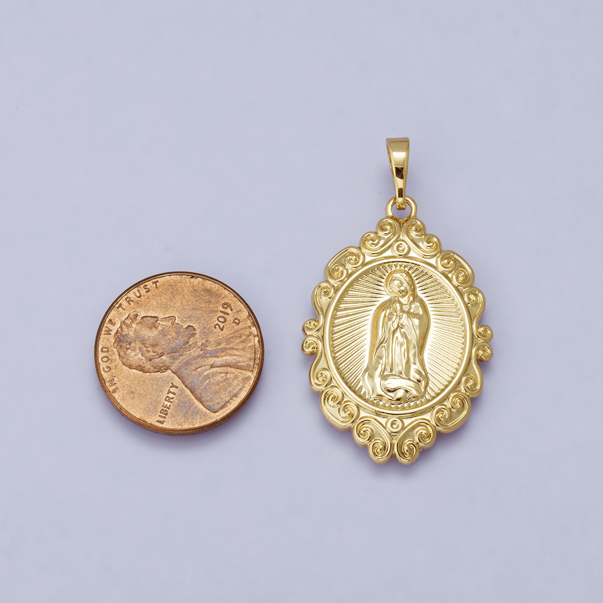 24K, 14K Gold Filled Miraculous Mother Mary Sunburst Artisan Religious Figure Pendant | H278