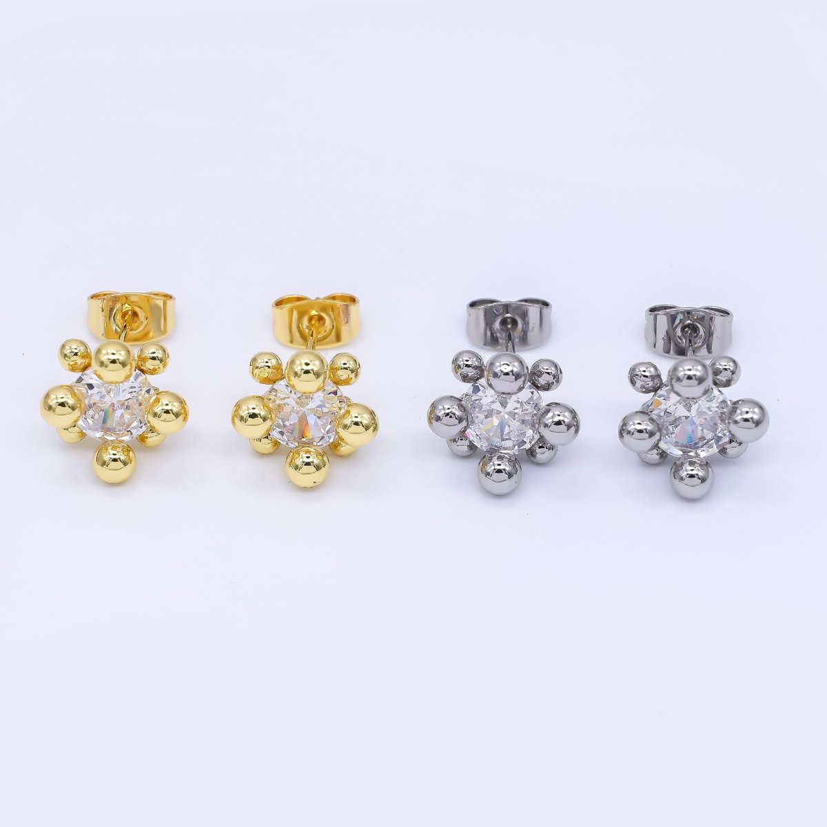 24K Gold Filled 12mm Clear CZ Round Bead Stud Earrings in Gold & Silver | AI486 AI487