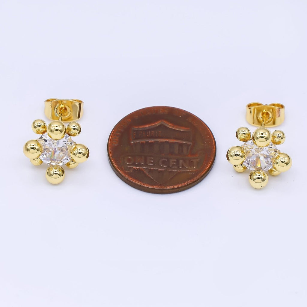 24K Gold Filled 12mm Clear CZ Round Bead Stud Earrings in Gold & Silver | AI486 AI487