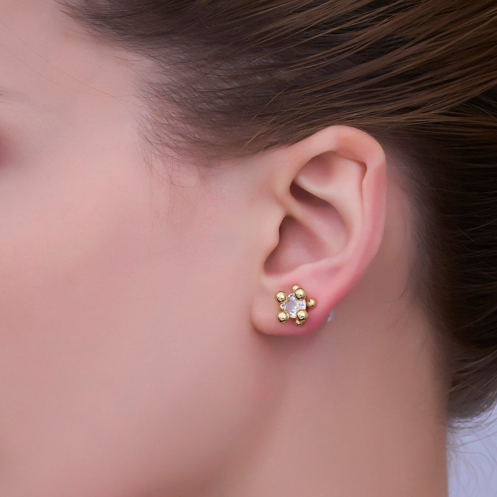 24K Gold Filled 12mm Clear CZ Round Bead Stud Earrings in Gold & Silver | AI486 AI487
